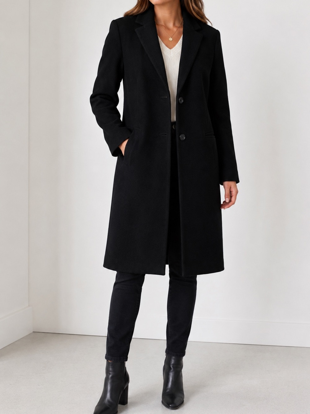 Ann Taylor Black Wool Blend Long Tailored Coat XL Classic Overcoat